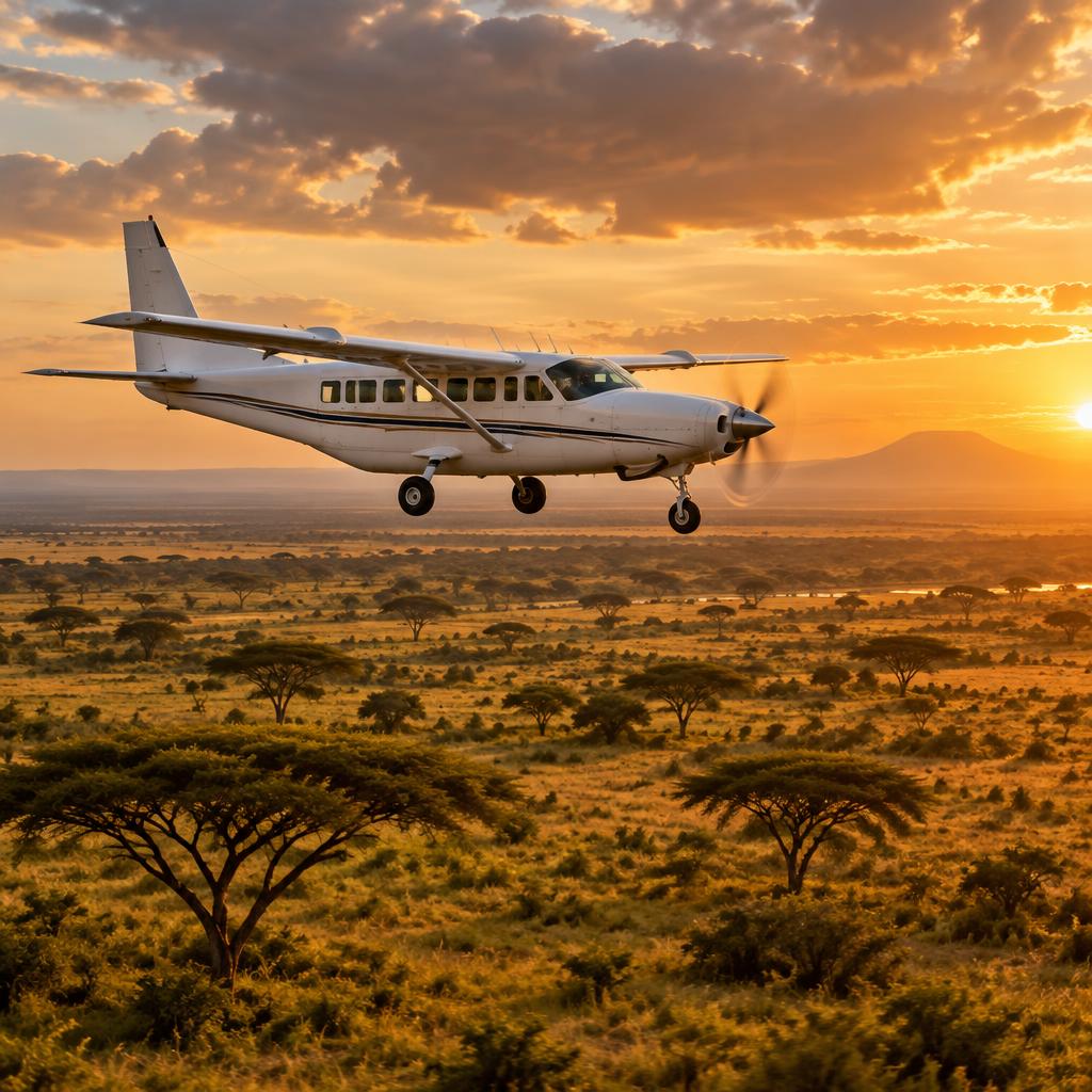 A Cessna Caravan 208 flying over the Kenyan savanna at golden hour